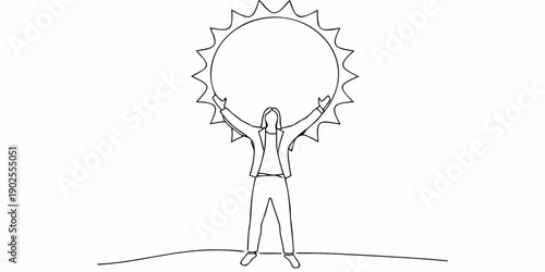Continuous line drawing of a person raising arms towards a circular sun
