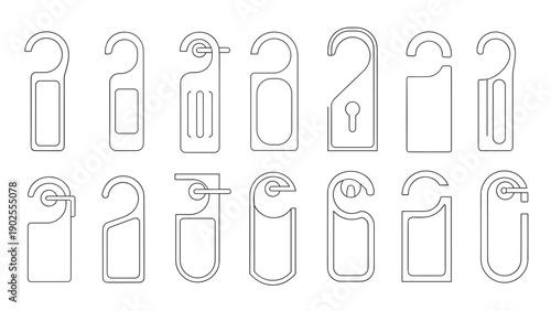 Selection of different door hanger designs in simple line art for professional hotel notices and do not disturb messages.