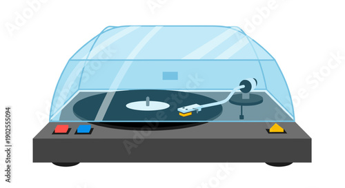 Illustration of a vinyl record player with a translucent cover  