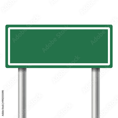 Green highway billboard sign on metal poles for directions  empty road sign