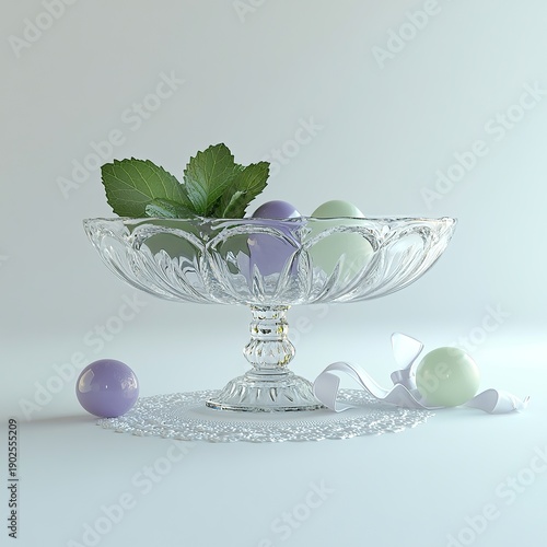 Elegant glass bowl filled with fresh fruit, minimal still life isolated on white background