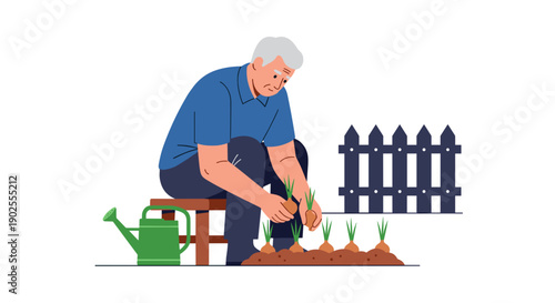 Elderly man gardening and planting onion in backyard with fence  