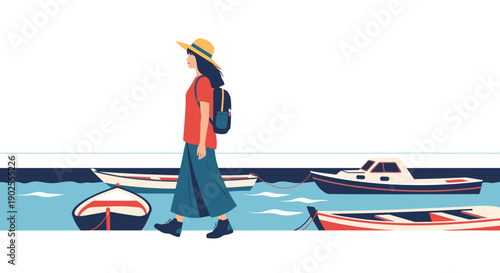 Woman walking by dock with boats on a sunny day  