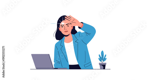 Young woman working on laptop and shielding eyes from sunlight  