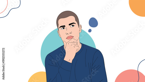 Thoughtful young man illustration with a thinking bubble and colorful abstract shapes for decision and idea concepts.