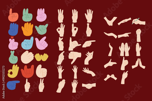 Set of colorful hand gestures and various human hand signs collection