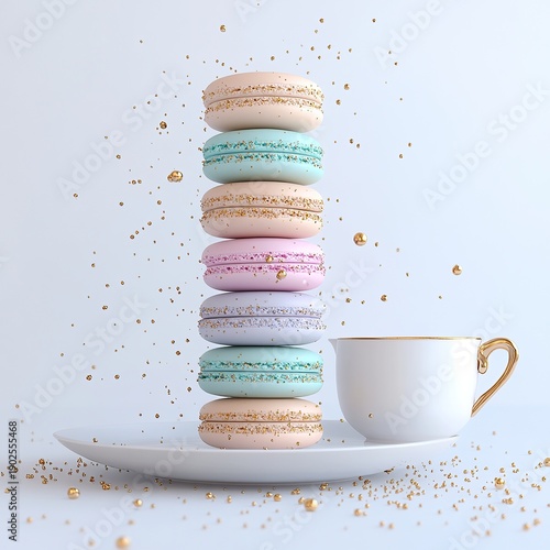 Colorful pastel macarons stacked beside coffee cup, elegant dessert isolated on white background