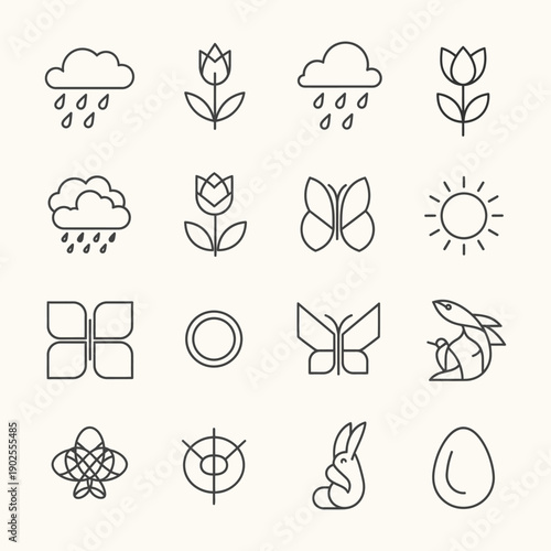 Spring and Easter Nature Icons. Vector line art set featuring rain, tulips, butterflies, sun, rabbit, and egg symbols for graphic design projects.