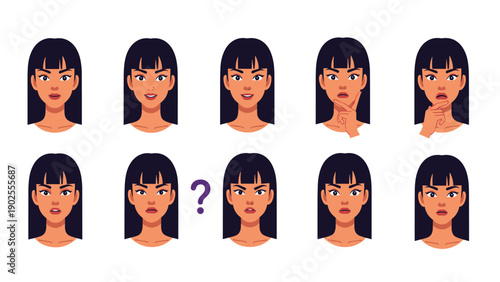Grid of a young woman showing various facial expressions including happy sad surprised and thinking for emotion studies.