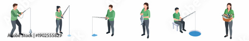 Isometric People in Different Poses Engaged in Hobby Fishing Illustration