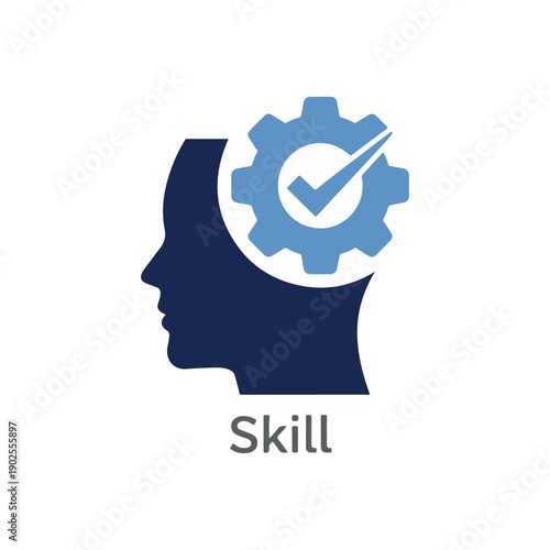 Human silhouette profile with gear symbol and checkmark representing skill development concept