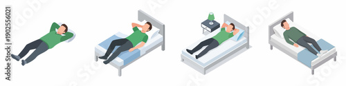 Isometric Flat Illustration Collection of Man Sleeping and Relaxing Comfortably in Bed Daily Routine Concept