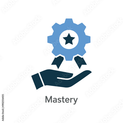 Hand holding a blue gear with a star in the center symbolizing mastery and achievement