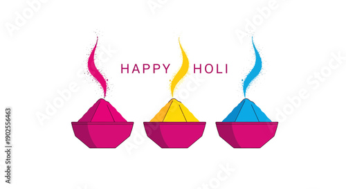 Holi festival colorful powder puja lamp or diya with smoke and Happy Holi text, for celebration or greeting card isolated on White Background