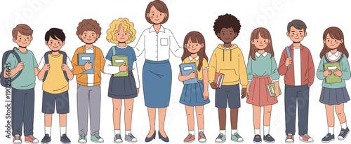 Teacher standing with diverse group of school children holding books, smiling students together isolated on white background