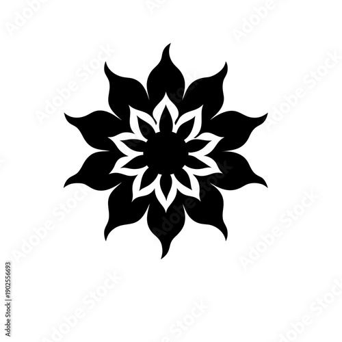A black and white graphic of a stylized flower or star shape on a white background.