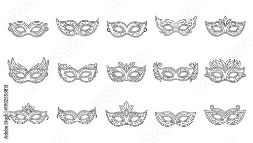 Elegant collection of various masquerade and carnival masks in detailed line art for parties and ball events.