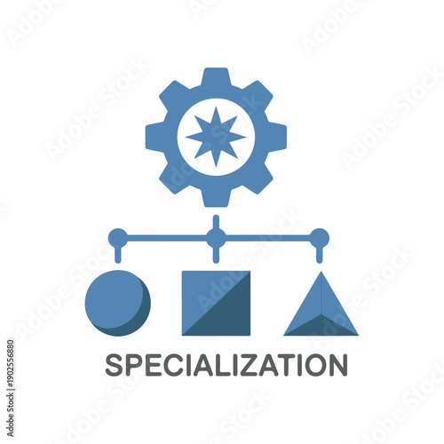 Blue geometric shapes connected by lines symbolizing specialization and process management modern minimalist design