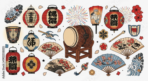 Vibrant Japanese festival decorations and accessories on display