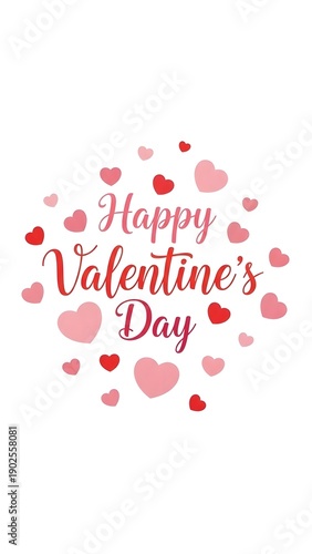 Happy Valentine's Day with red and pink hearts on white background  