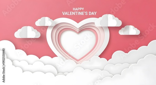 Happy Valentine's Day greeting card with heart and clouds  
