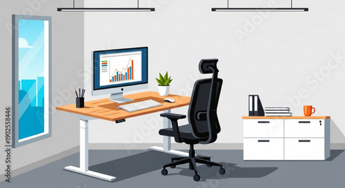 Modern Office Desk with Computer Monitor displaying Charts in Minimalist Home Office Vector Illustration
