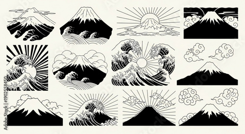 Majestic mountain landscapes with waves and sunny skies