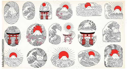 Vibrant Japanese tattoo designs featuring iconic Mount Fuji and torii gates
