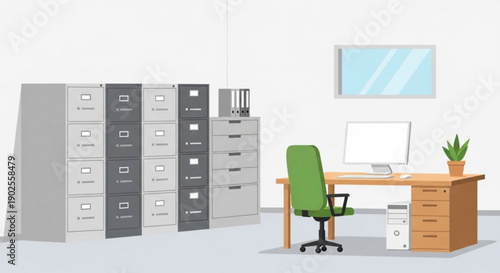 Professional Office Interior with Computer Desk, Green Chair, and Filing Cabinets Vector Illustration