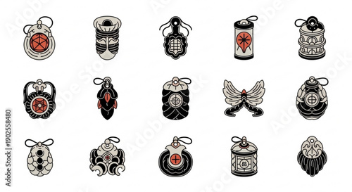 Collection of traditional Japanese omamori charms for protection and luck