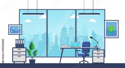 Modern Office Interior with Desk and Cityscape View Flat Design Vector Illustration