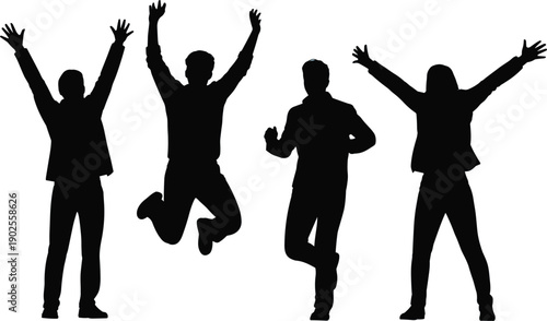 Silhouette of happy business team jumping in celebration isolated on white background, success teamwork concept, energetic corporate people expressing victory and motivation