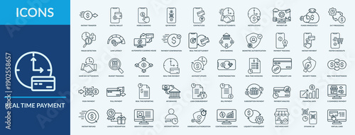Real Time Payment - Icon Collection. Thin Outline Set contains such Icons as instant transfer, digital wallet, mobile banking and more. Simple web icons set