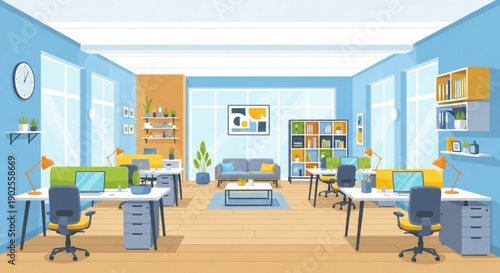 Empty Modern Open Plan Office Interior Illustration with Desks and Blue Walls
