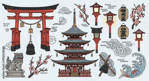 Vibrant Japanese temple and cultural icons in modern illustration