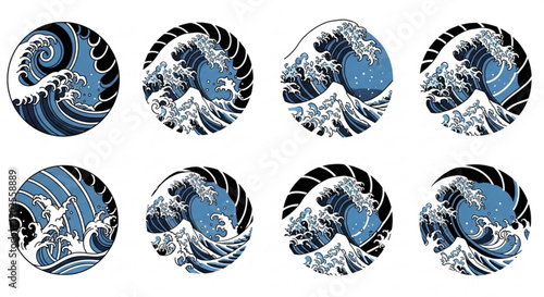 Stunning ocean wave icons in various circular designs