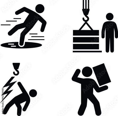 Workplace safety hazard pictograms illustrating slip fall, falling objects, electric shock and manual handling risks for industrial health and safety training signage