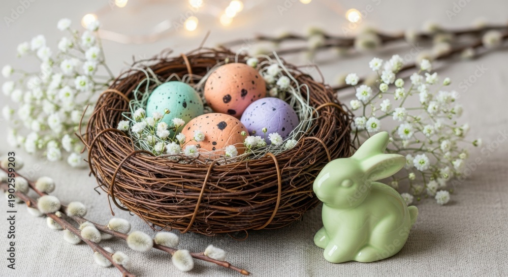 Obraz premium Easter nest with colorful eggs and bunny decoration on spring background