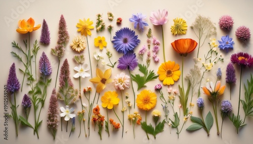 A Vibrant Assortment Of Colourful Wildflowers Arranged In A Flat Herbarium On A Muted Background