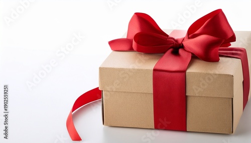Elegant Kraft Brown Cardboard Gift Box Tied With A Luxury Red Satin Ribbon And Bow Minimalist Present Isolated On White Background For Christmas Valentine S Day Birthday Or Holiday Celebration