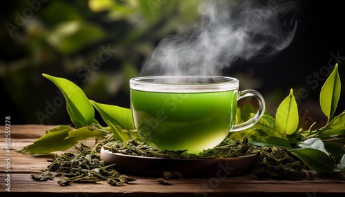 Steaming Green Beverage In A Cup Surrounded By Tea Leaves On A Wooden Surface