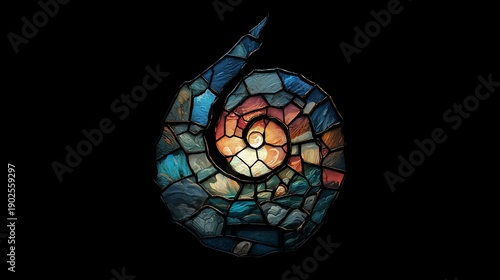 Artistic depiction of a stylized, segmented, and colorful spiral element against a black backdrop