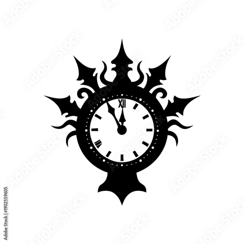 Mysterious clock surrounded by dark, fiery wings symbolizing time’s relentless and enigmatic nature