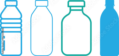 Blue Water Bottle Icon Set. Minimalist Plastic and Glass Bottle icon for Hydration, Beverage, and Eco-Friendly Packaging Design Isolated on White background.