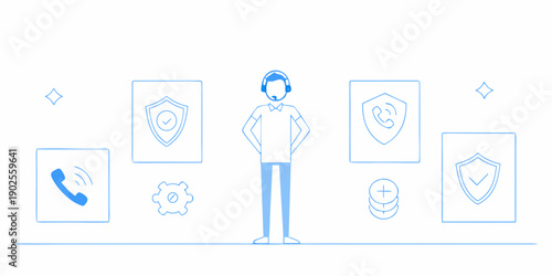 Customer support representative with security and technology icons around them