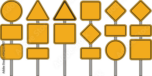 Road street board sign vector artwork, isolated highway traffic symbol, yellow signpost icon for road safety and navigation illustration.