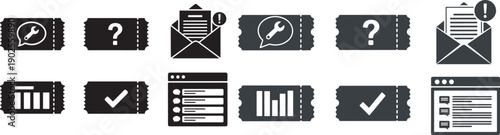 support ticket and helpdesk icons, Set of monochrome vector symbols for customer service, issue tracking, dashboard, and technical support interfaces.eps
