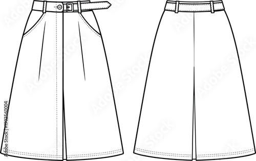 Fashion technical flat sketch of a women’s A-line midi skirt featuring a high waist with belt, front button closure, side pockets, and clean hem.