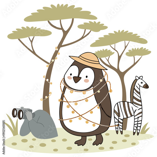 Cute Peaceful Penguin, accessorized with wrapped in fairy lights, in a Safari Adventure world – Savannah Heat palette vector