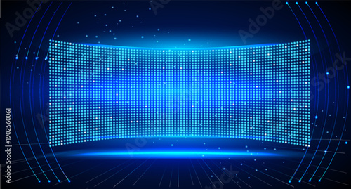 curved display is filled with bright blue dots and lines. The scene is set in a dark space, creating a high-tech feel for a modern event. It showcases digital technology.